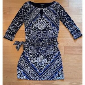 White House Black Market size XS blue floral print short belted 3/4 sleeve dress